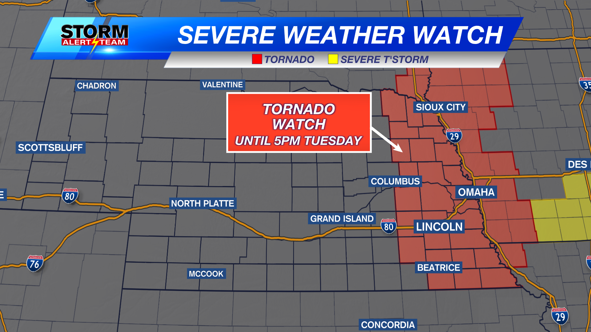 Tornado Watch in effect until 5 p.m. Tuesday for eastern Nebraska