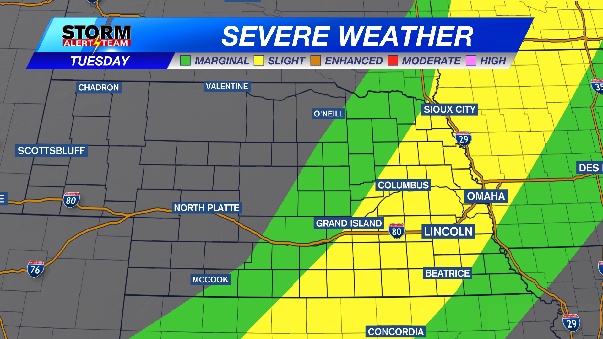 Severe weather threat shifts into eastern Nebraska Tuesday