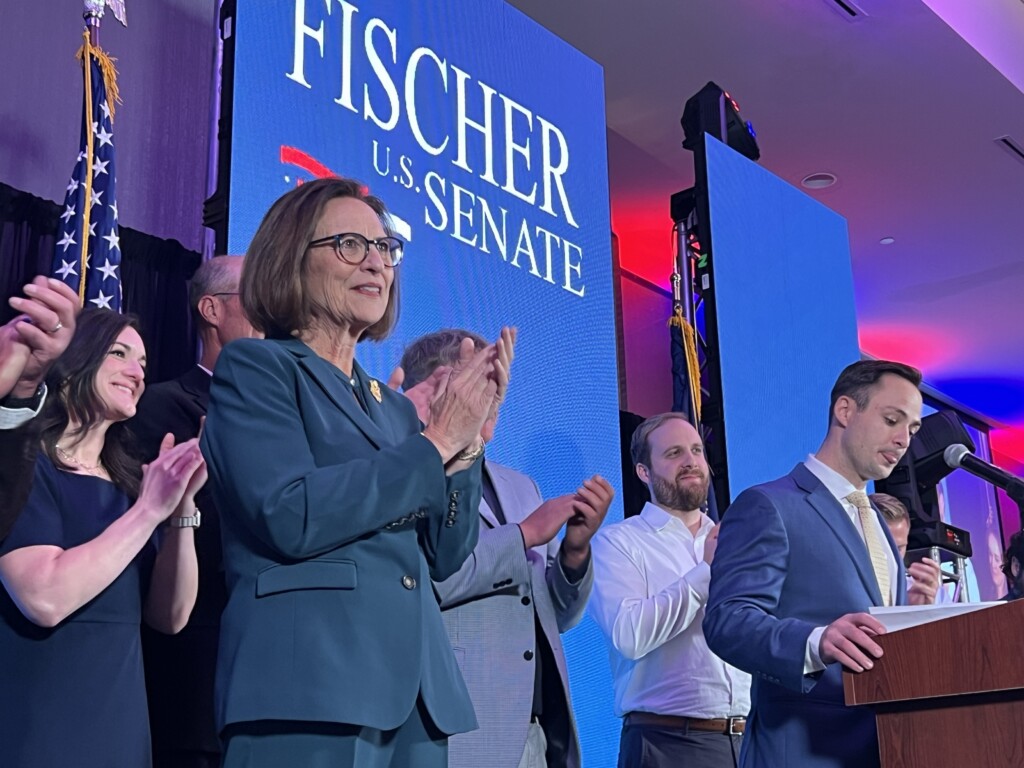 Sen. Deb Fischer celebrates her election to a third term on Tuesday night.
