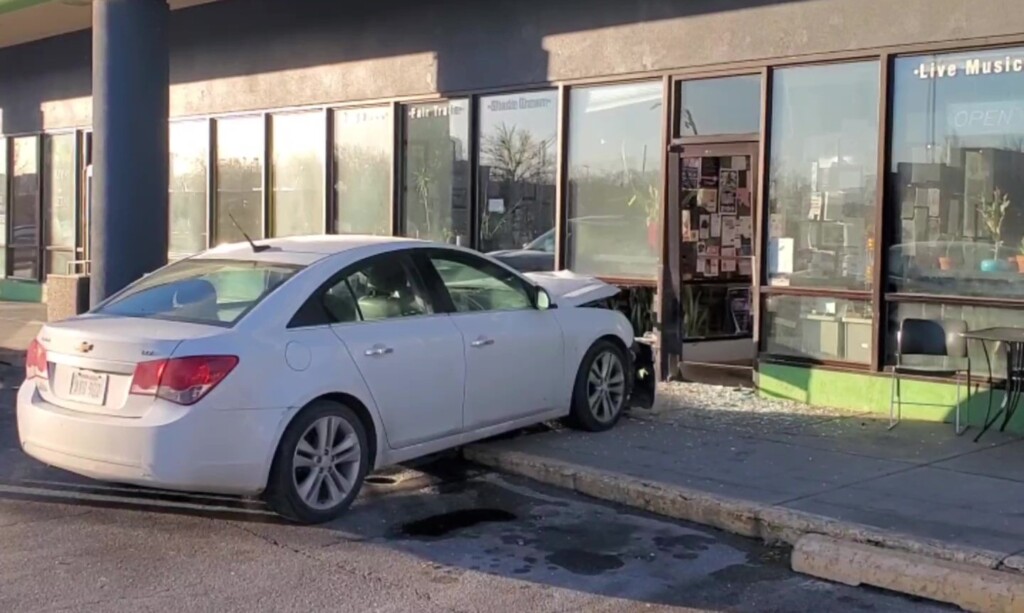 A car that crashed into Meadowlark Coffee & Espresso near 17th and South streets.