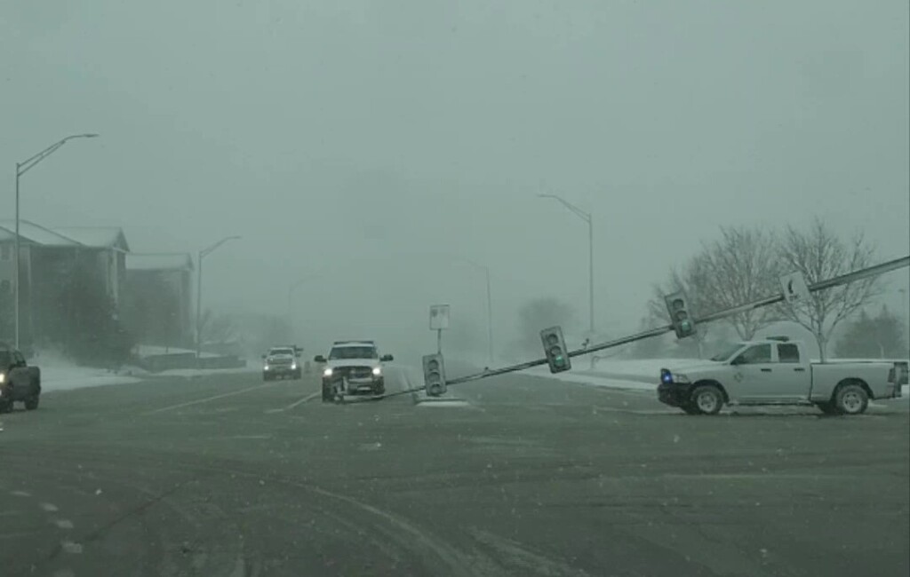 Downed traffic light during blizzard