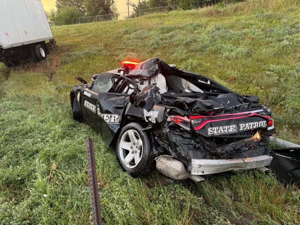 A Nebraska State Patrol cruiser left mangled by a crash on Interstate 80 in Omaha.