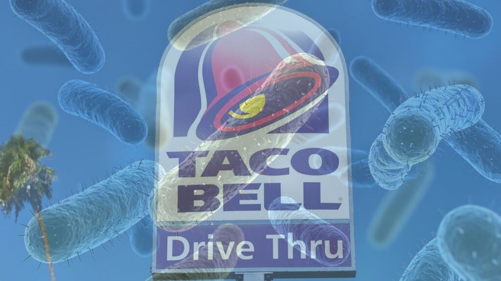 Taco Bell sign underneath zoomed in bacteria