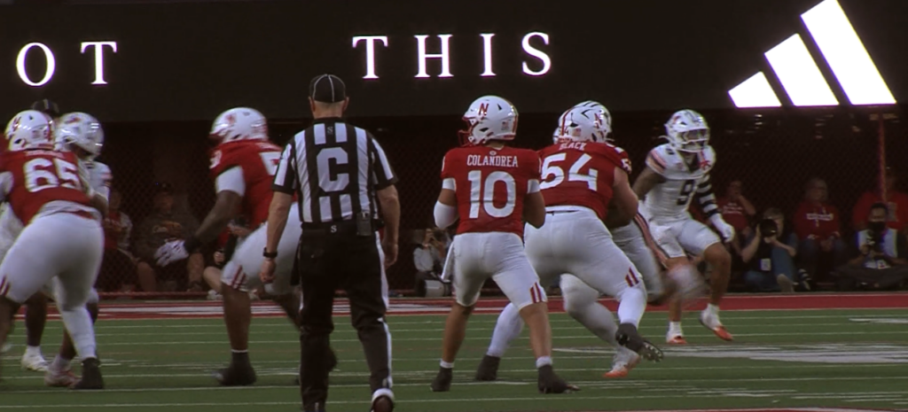 Anthony Colandrea gets set to throw a touchdown pass to Jacory Barney Jr. in Nebraska's 56-7 win over Bowling Green Sept. 12