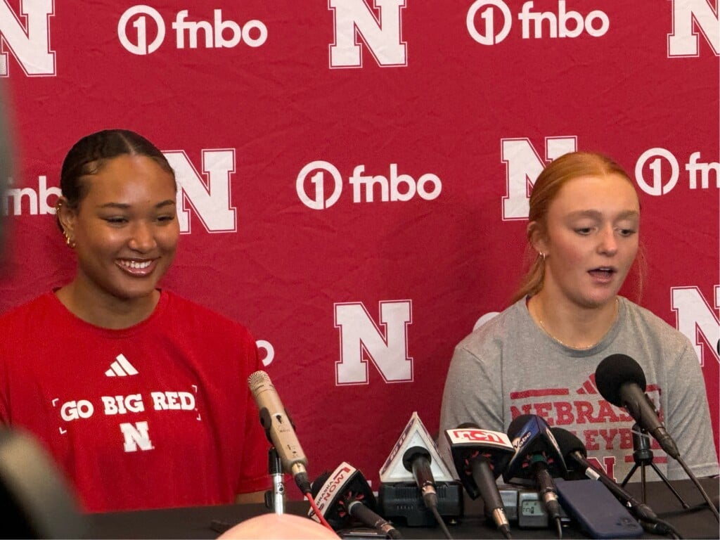 Manaia Ogbechie and Olivia Mauch speak to media Sept. 9 at the Devaney Center.