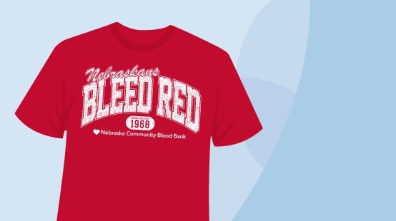 NCBB free T-shirt for blood donors; "Nebraskans Bleed Red"