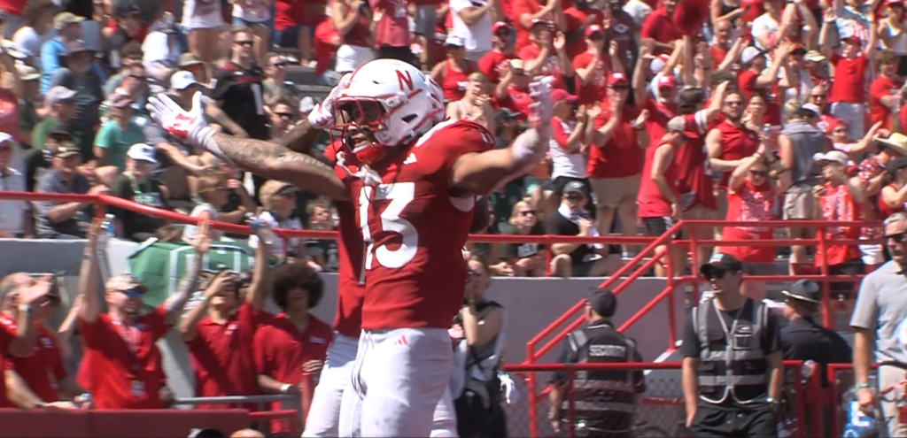Nebraska RB Mekhi Nelson celebrates scoring a touchdown in Saturday's 49-21 Week 1 win over Ohio