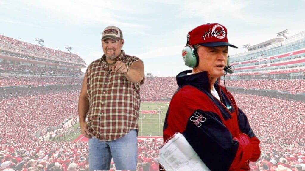 Tom Osborne and Larry the Cable Guy in front of Memorial Stadium