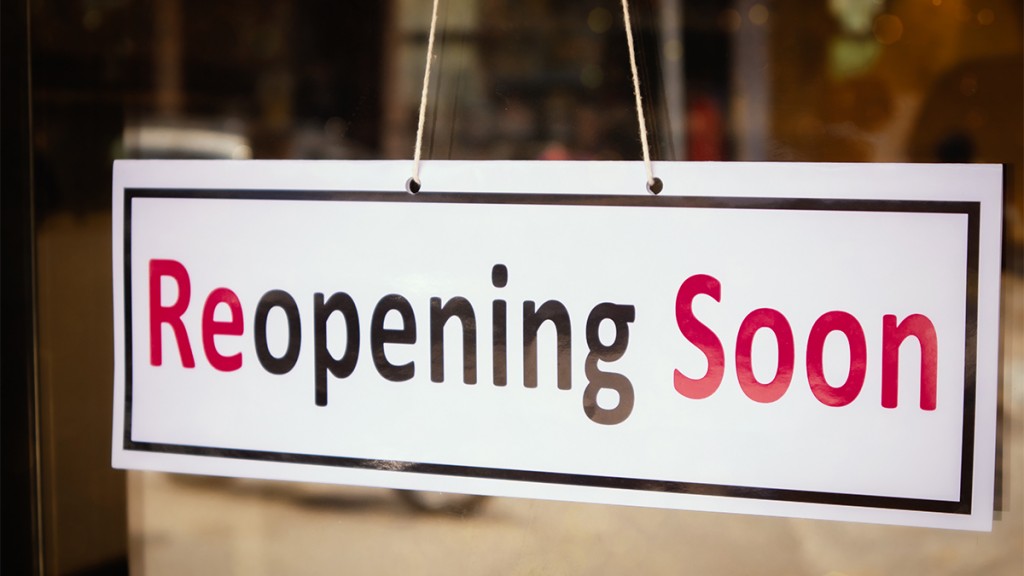 Reopening Soon Signage Board In Front Of Businesses Or Restaurant Door After Covid 19 Or Coronavirus Outbreak Concept Of Back To Business After Pandemic