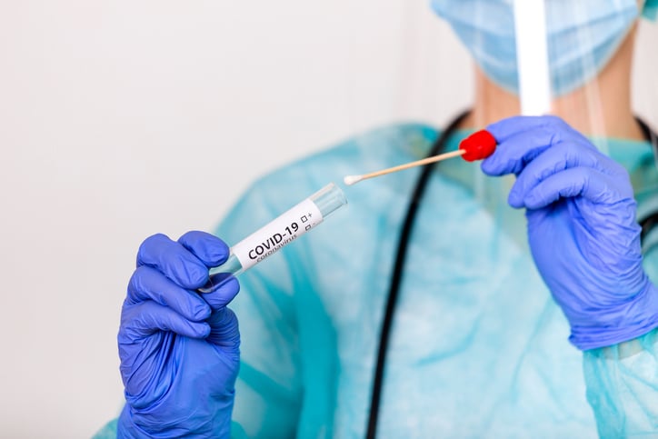 Lab Technician Holding Swab Collection Kit,coronavirus Covid 19 Specimen Collecting Equipment,dna Nasal And Oral Swabbing For Pcr Polymerase Chain Reaction Laboratory Testing Procedure And Shipping
