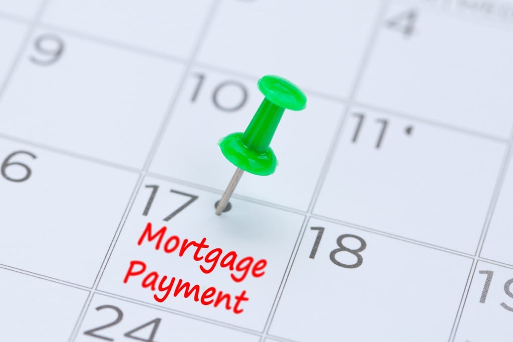 Mortgage Payment Written On A Calendar With A Green Push Pin To Remind You And Important Appointment.
