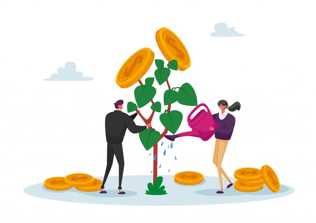 Business Man And Woman Characters Watering Money Tree, Growing Wealth Capital For Refund Care Of Plant With Gold Coins