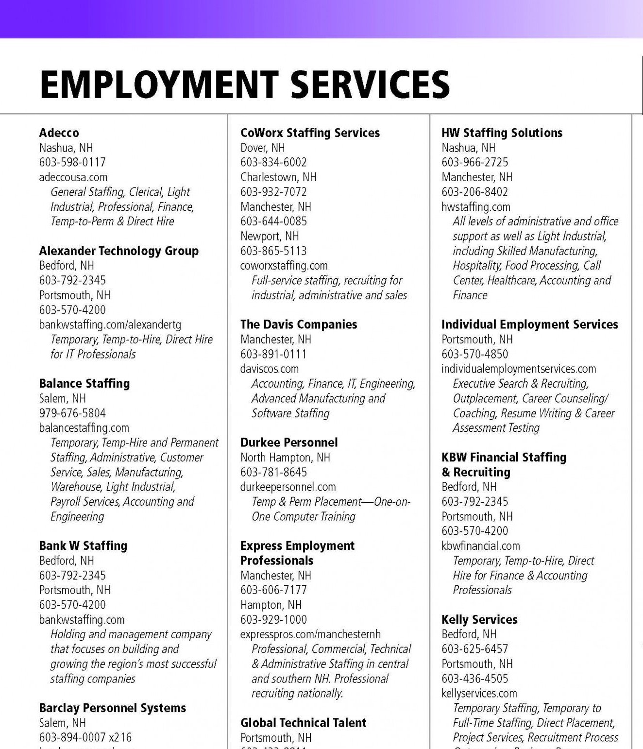 List of Employment Services – NH Business Review