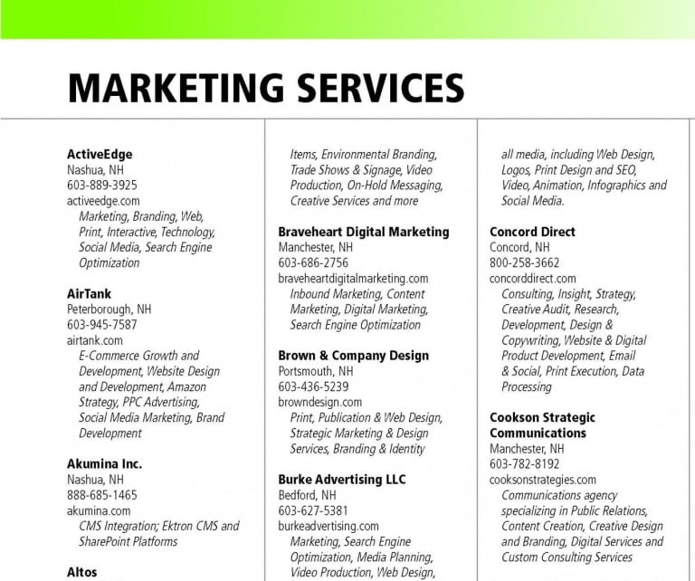 List of Marketing Services – NH Business Review