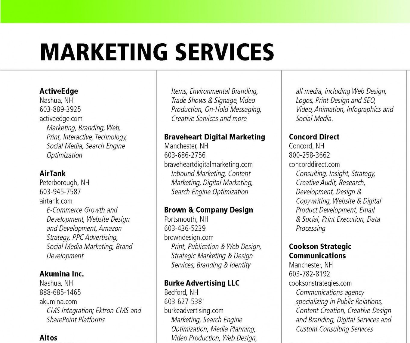 List of Marketing Services NH Review