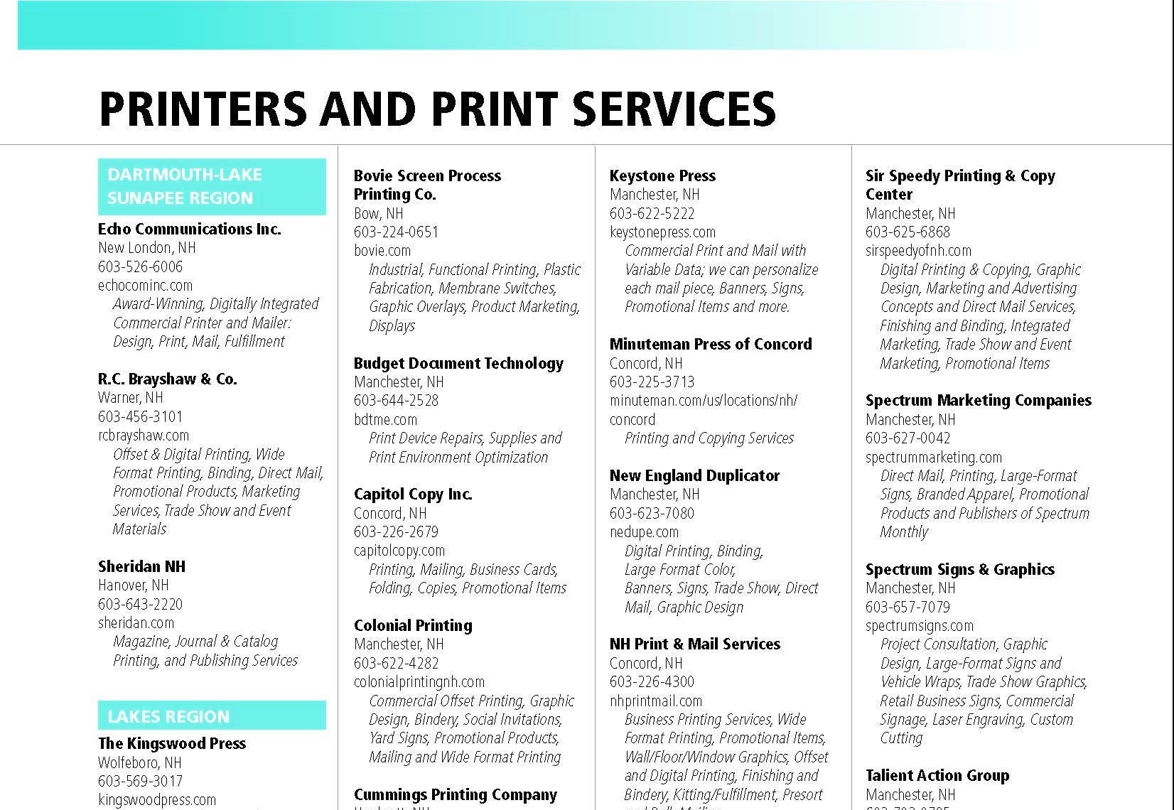 List of Printers and Print Services - NH Review