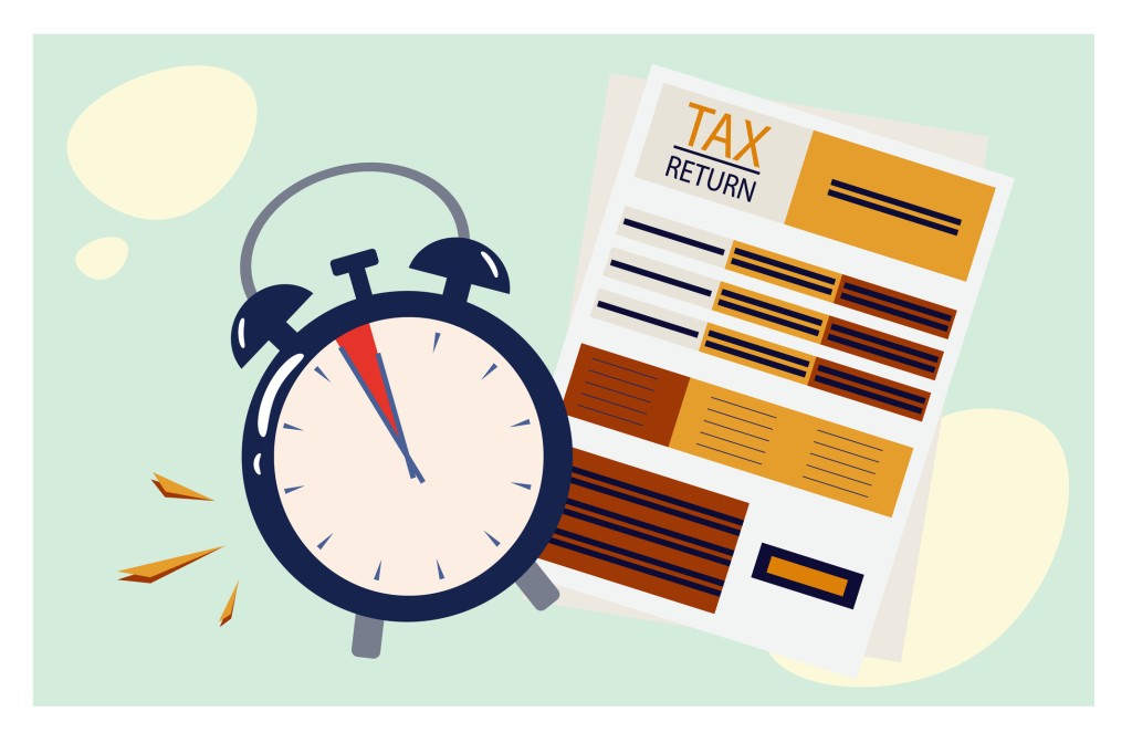 Tax Return Time. Official Obligations And Time Of Payment Of Income. Finance Form Paper Document, Revenue. Information, Report And Statement Of Due Date. Return Tax Filing Concept. Vector Illustration