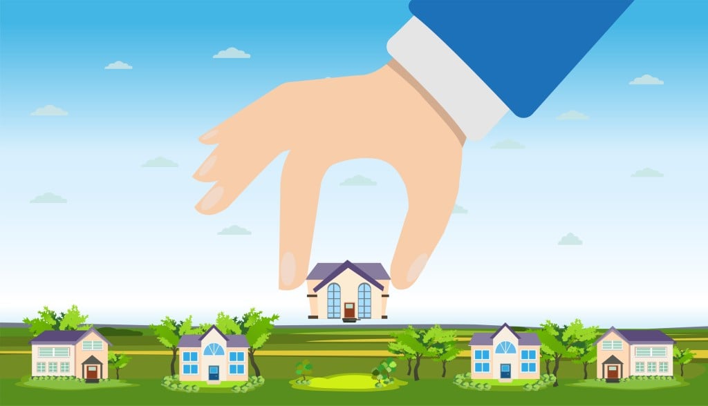 Vector Of A Hand Picking Up A House. Property For Sale, Real Estate Concept