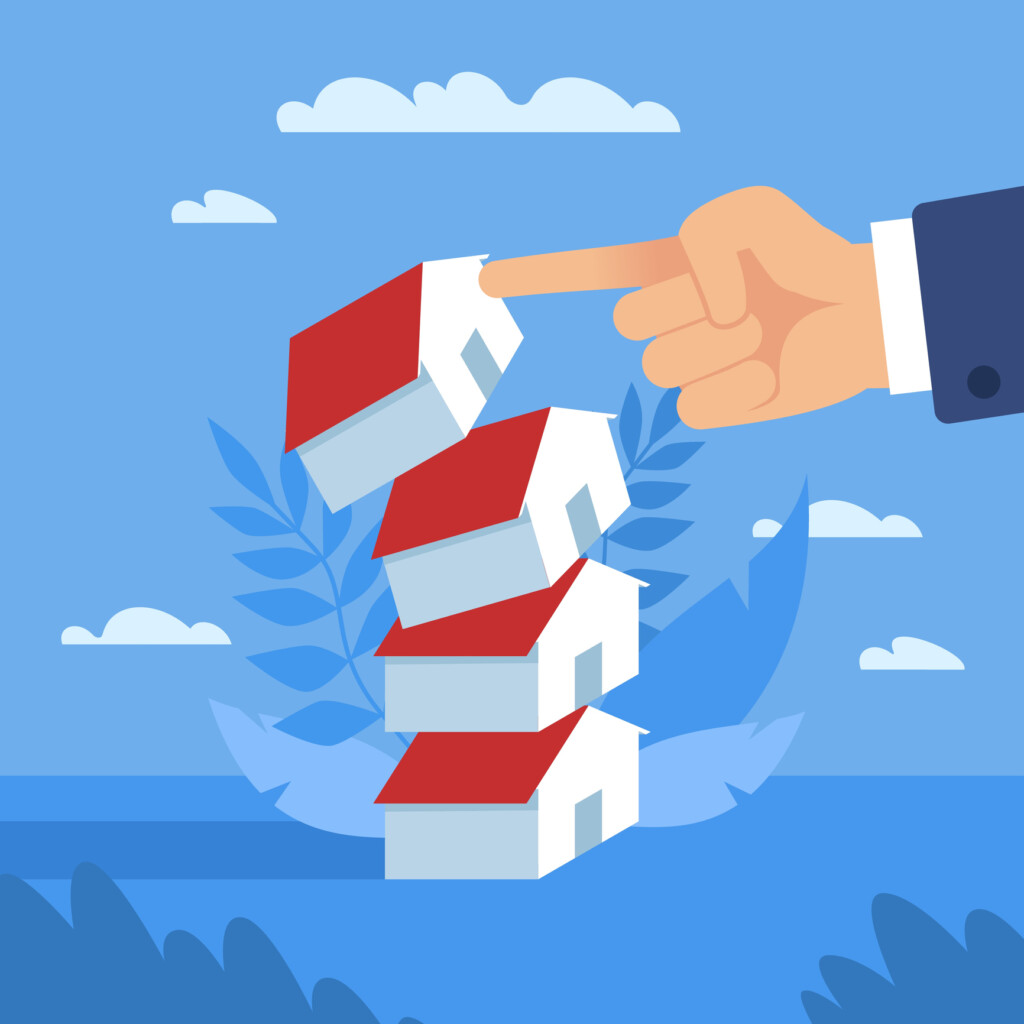 Falling Real Estate. Directional Drop, Falling Prices, Property Market Crash, Lowering Cost Of Houses, Economic Recession, Investment Asset Fall Down, Vector Cartoon Flat Style Concept