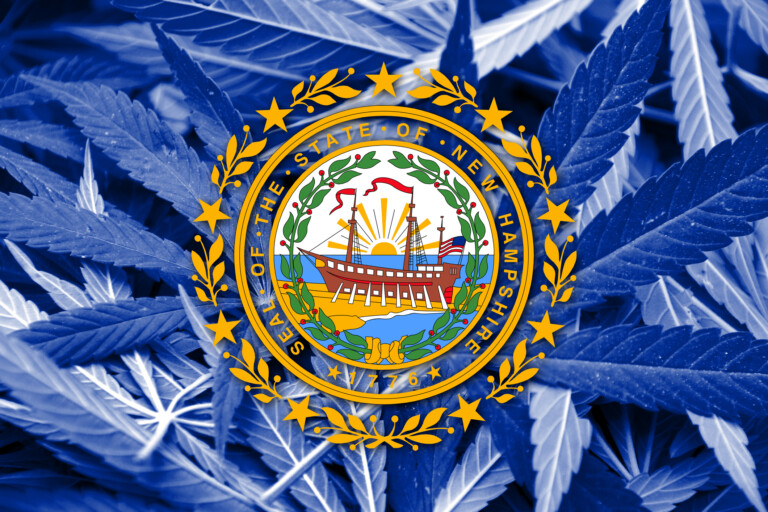 New Hampshire State Flag On Cannabis Background. Drug Policy.