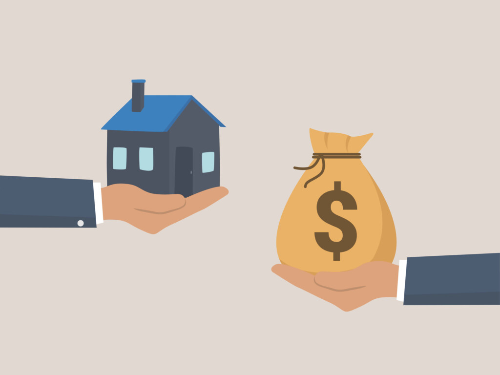 Agent Of Real Estate Holding In Hand House. Buyer, Customer Gives Money Bag, Deal Sale, Buying House.