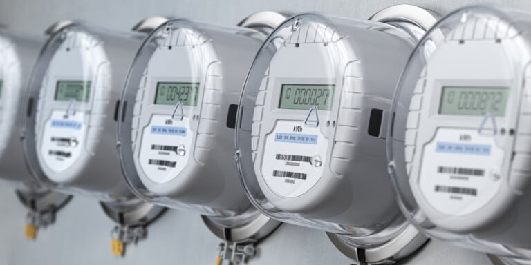 Digital Electric Meters In A Row Measuring Power Use. Electricity Consumption Concept.