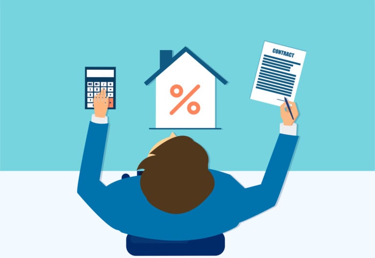 Vector Of A Businessman With Mortgage Calculator Signing A Real Estate Contract