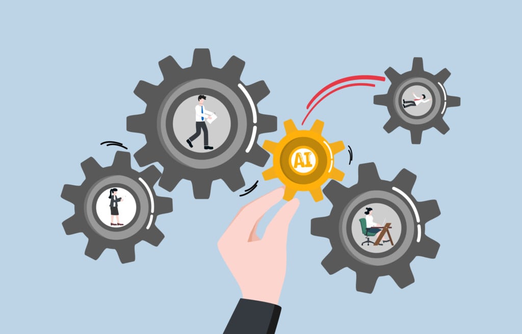 Replace Some Employees With Ai, Plan To Use Tech Innovation For Some Tasks, Business Transformation, Layoff Concept, Hand Of Employer Putting New Gear With Word Ai To Replace Gear Of Businessman.