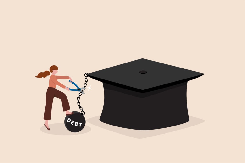 Student Loan Debt Pay Off Or Forgiveness Program, Cut Education Expense Or Reduce Fee Concept, Young Adult Woman Cut Chain To Relief From Student Loan Debt Burden Metal Ball From Graduated Mortarboard