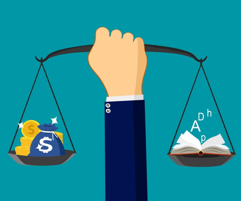 Businessman Holding A Weighing Scale With A Bag Of Money And Books. Balance Of Knowledge And Money