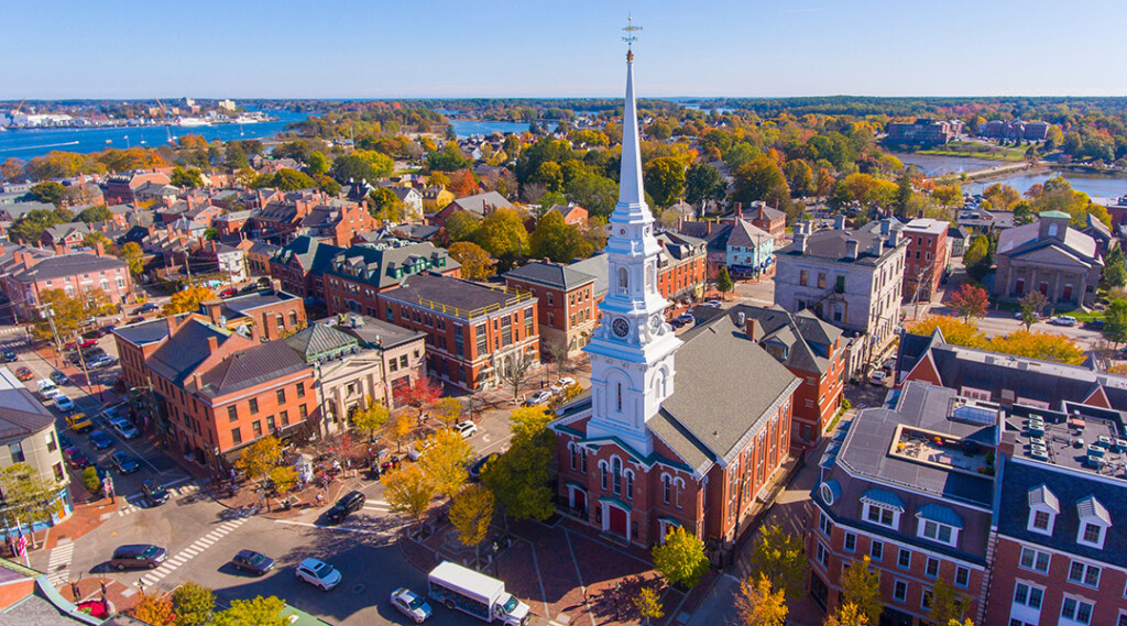 Portsmouth,historic,downtown,aerial,view,at,market,square,with,historic