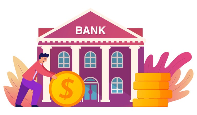Businessman Pushing Coins In Bank.safe Deposit.bank Building.male Character Rolling A Huge Golden Dollar Coin.saving And Investing Money Concept.