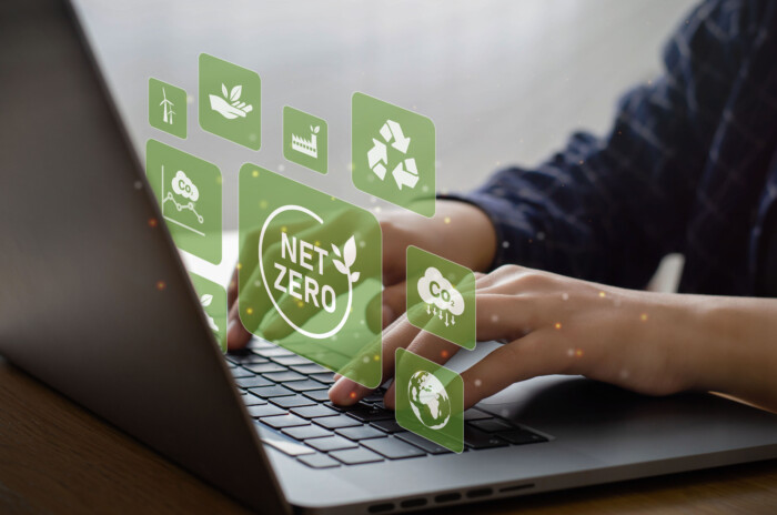 Businessman Using Computer To Manage Online Information About Net Zero Concept. Natural Environment Neutral Carbon A Climate Neutral Long Term Strategy Greenhouse Gas Emissions Targets