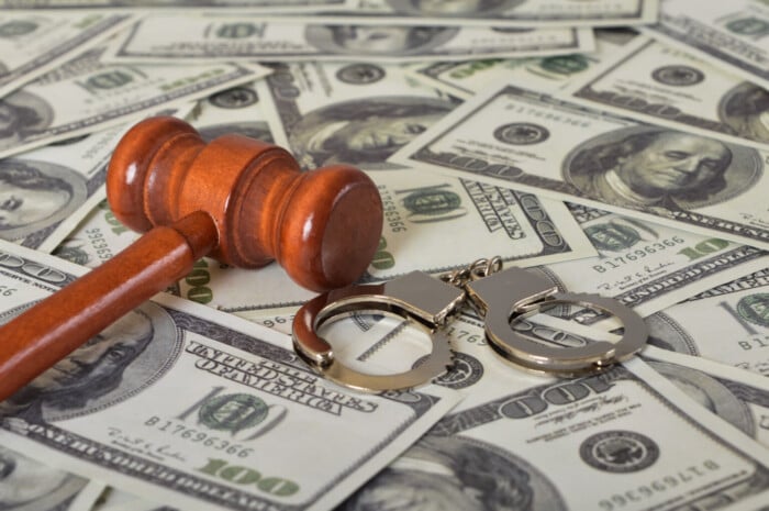Judge Gavel, Handcuffs And Money Banknotes. Economic Crime, Scam, Bail And Corruption Concept.