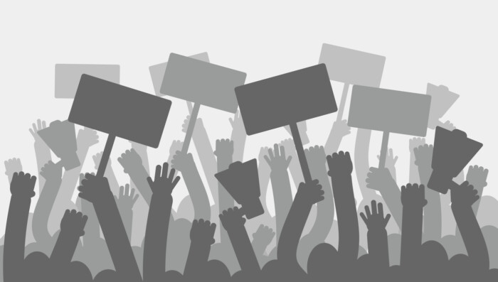 Political Protest With Silhouette Protesters Hands Holding Megaphone, Banners And Flags. Strike, Revolution, Conflict Vector Background