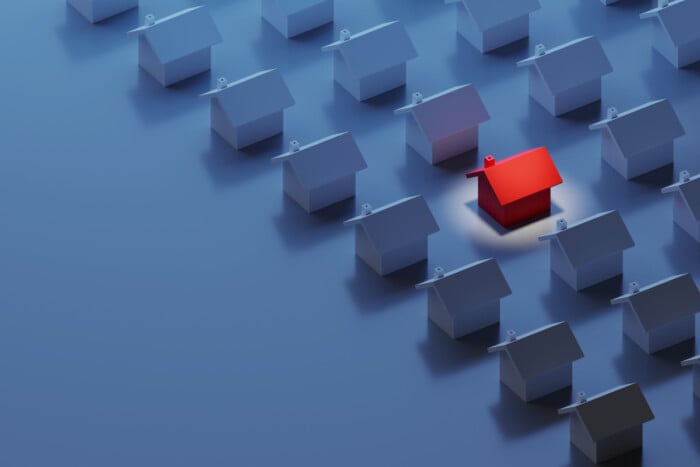 A Concept Where The Bad Houses Among Many Houses Are Marked In Red, 3d Rendering