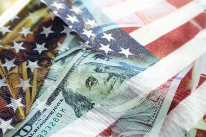 Benjamin Franklin On A One Hundred Dollar Bill With American Flag And Gold Bar High Quality