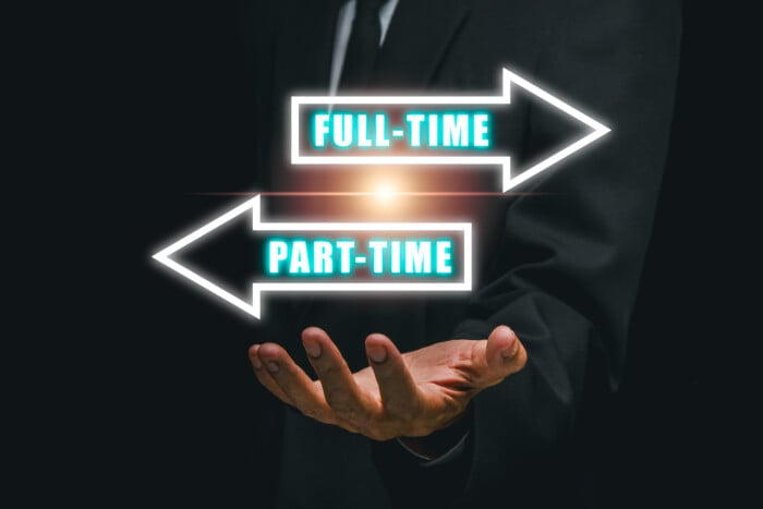 Illustration Depicting The Choice Between Full Time And Part Time Employment With Directional Arrows And A Business Theme.