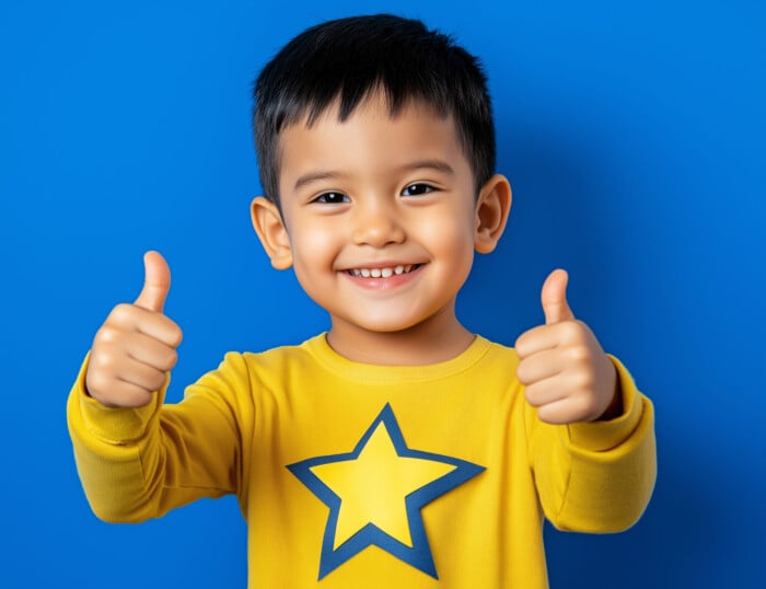 A Child Giving A Thumbs Up In A Positive, Successful Gesture On