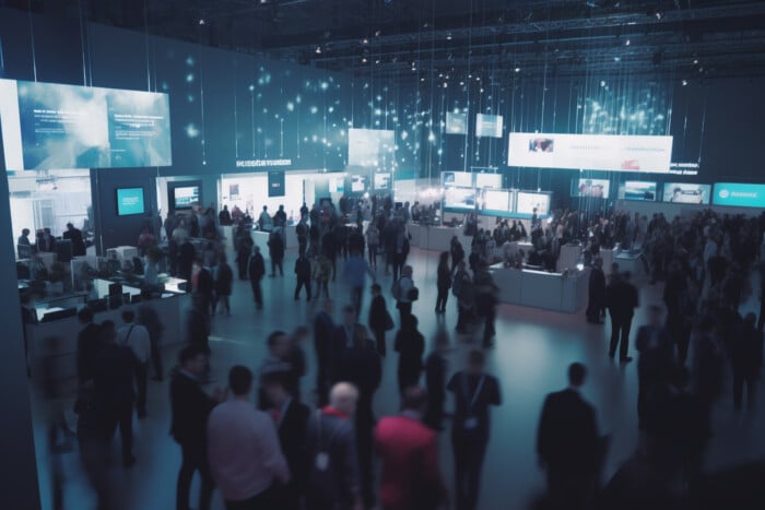 Busy Trade Fair With A Sea Of Booths And Blurry Business People