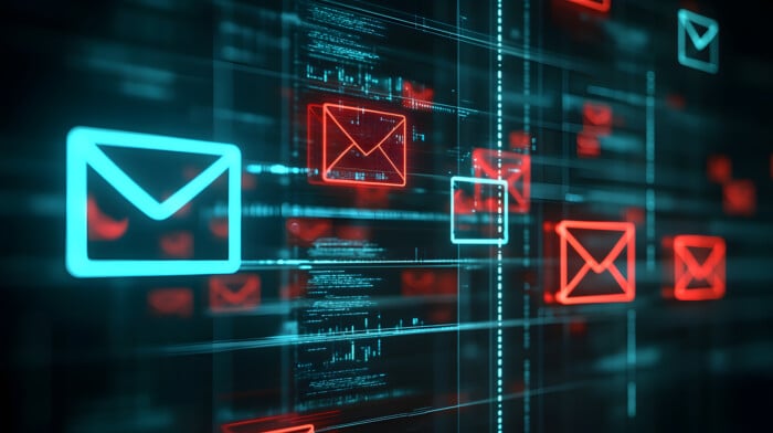 Abstract Digital Background With Glowing Email Icons In Red And Blue, Symbolizing Online Communication And Data Flow. Code Lines And Grid Pattern Enhance The Tech Theme.