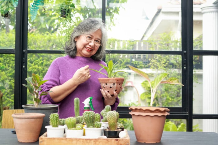 Asian Elderly Woman At Home She Smiles Happily To Be Able To Pla