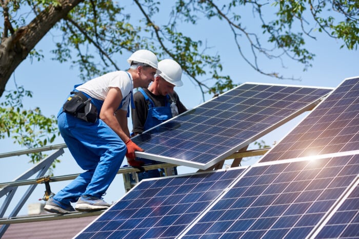 Stand Alone Exterior Solar Panel System Installation, Renewable Green Energy Generation Concept.