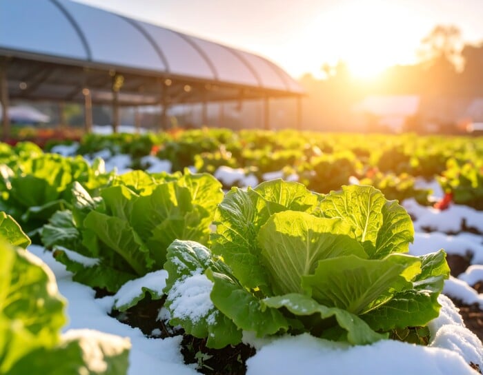 Fresh Green Vegetables Covered In Snow At Sunrise