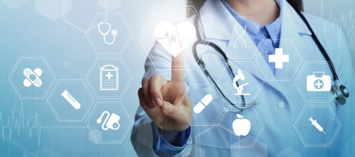 Modern Biotechnologies. Collage With Female Doctor Choosing Among Medical Icons On Virtual Screen, Copy Space