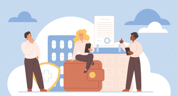 Employee Stock Ownership Plan, Esop Benefits Package. Tiny People Think About Investment To Corporate Company, Salary And Financial Bonus, Medical Service And Compensation Cartoon Vector Illustration