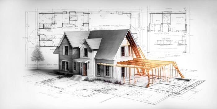 Building House On Blueprints Construction Project. Generative Ai