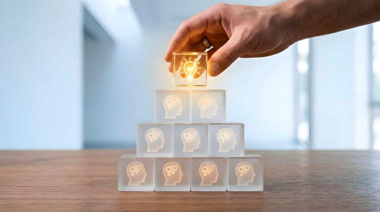 Hand Placing Glowing Light Bulb Glass Cube On Top Of Pyramid Str