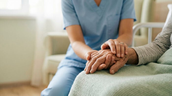 Healthcare Worker Holding Hands With Senior Patient In Nursing H