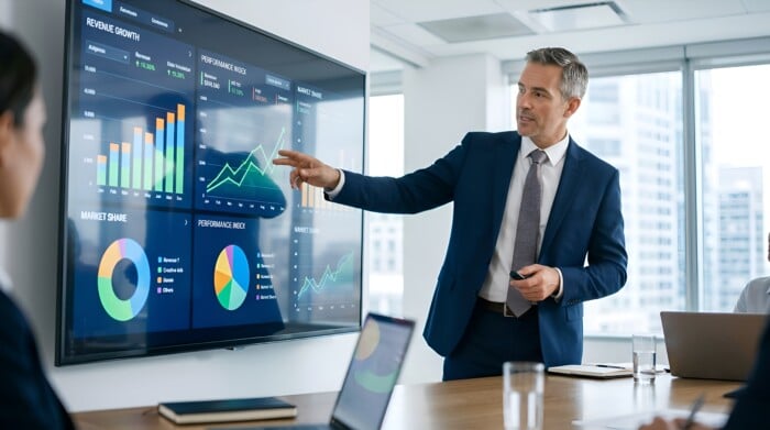 Business Professional Presenting Financial Data On A Large Screen During Meeting